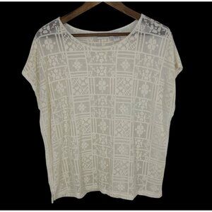 Chicos Ivory Sheer Lace Pattern Knit Short Sleeve Blouse Womens Size 2 US L